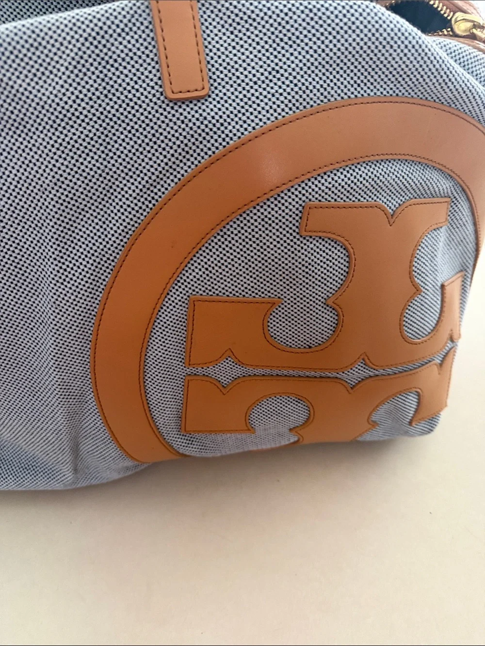 Tory Burch Light Blue Canvas Weekender with Tan Leather Logo